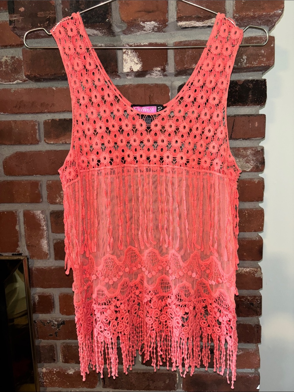 Vintage Y2K Say What? Crochet Sheer Fringe Tank Top Coral Size Large